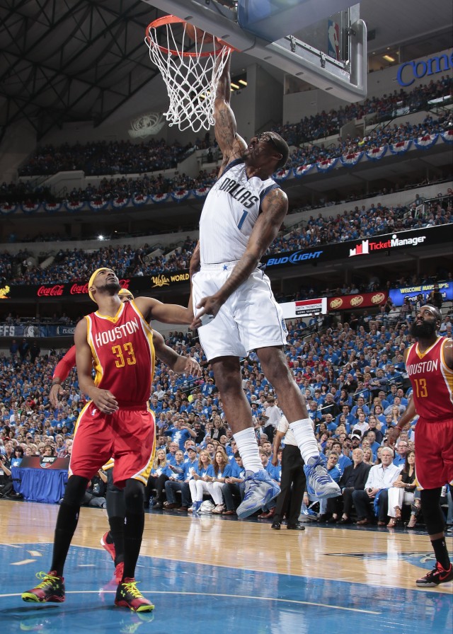 DALLAS, TX - APRIL 24: AmarÕe Stoudemire #1 of the Dallas Mavericks dunks against the Houston Rockets during Game Three of the Western Conference Quarterfinals of the 2015 NBA Playoffs on April 24, 2015 at the American Airlines Center in Dallas, Texas. NOTE TO USER: User expressly acknowledges and agrees that, by downloading and or using this photograph, User is consenting to the terms and conditions of the Getty Images License Agreement. Mandatory Copyright Notice: Copyright 2015 NBAE (Photo by Danny Bollinger/NBAE via Getty Images)
