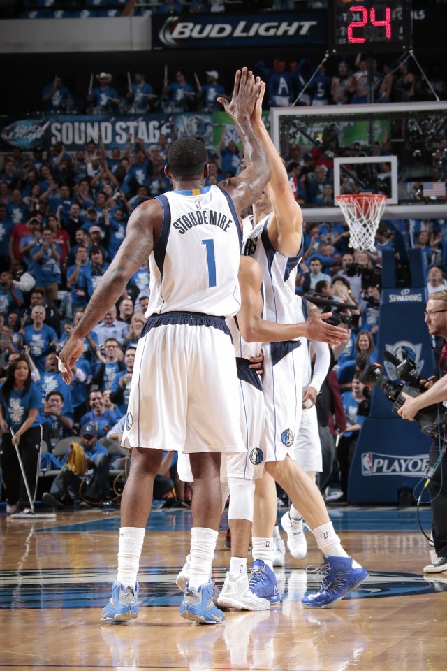 DALLAS, TX - APRIL 24: AmarÕe Stoudemire #1 of the Dallas Mavericks high fives his teammates against the Houston Rockets during Game Three of the Western Conference Quarterfinals of the 2015 NBA Playoffs on April 24, 2015 at the American Airlines Center in Dallas, Texas. NOTE TO USER: User expressly acknowledges and agrees that, by downloading and or using this photograph, User is consenting to the terms and conditions of the Getty Images License Agreement. Mandatory Copyright Notice: Copyright 2015 NBAE (Photo by Glenn James/NBAE via Getty Images)